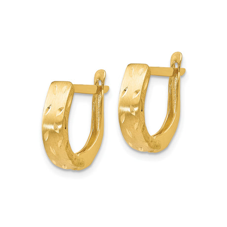 14k Yellow Gold Hoop Earrings, Satin Finish with Diamond Cut Leaf Pattern, Lightweight Oval Design