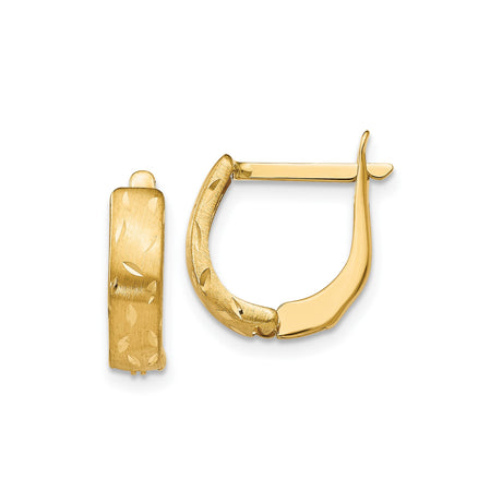 14k Yellow Gold Hoop Earrings, Satin Finish with Diamond Cut Leaf Pattern, Lightweight Oval Design