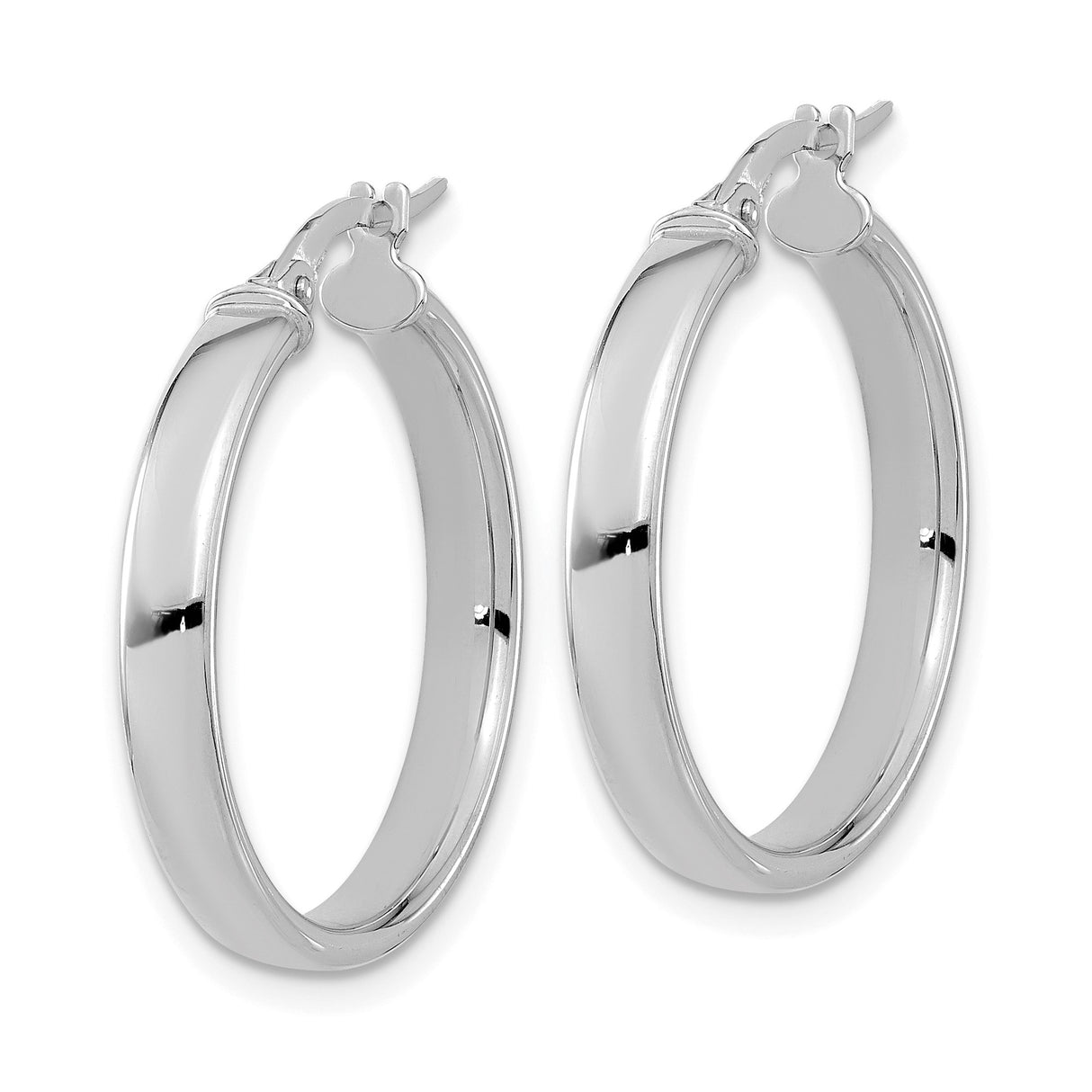 14k White Gold Hoop Earrings, Polished Round Design with Hinged Snap Back Closure for Women