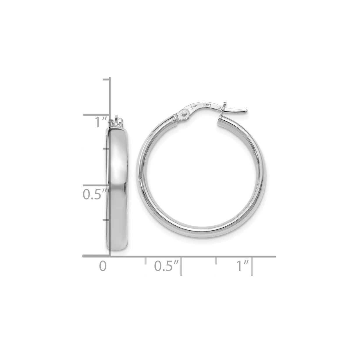 14k White Gold Hoop Earrings, Polished Round Design with Hinged Snap Back Closure for Women