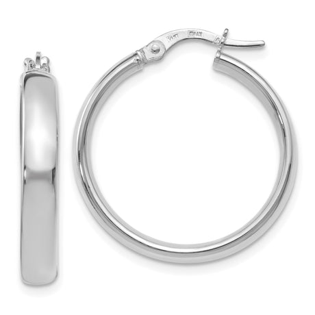 14k White Gold Hoop Earrings, Polished Round Design with Hinged Snap Back Closure for Women