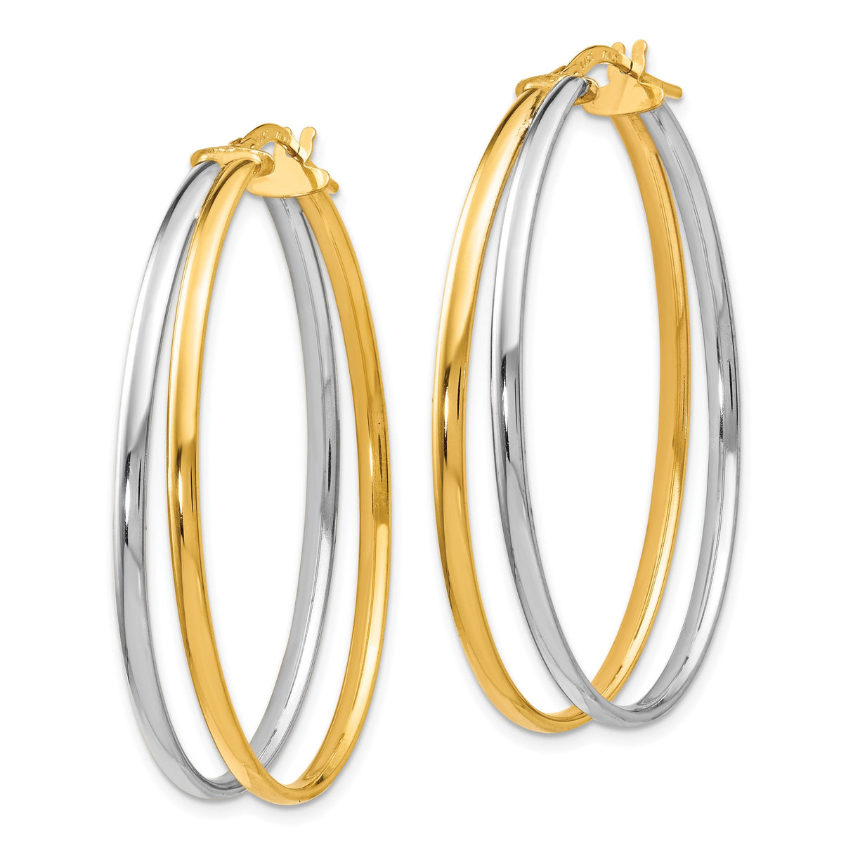 14k Yellow Gold Oval Hoop Earrings, Two-Tone Polished Design for Women