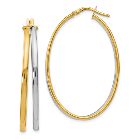 14k Yellow Gold Oval Hoop Earrings, Two-Tone Polished Design for Women