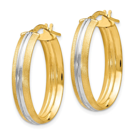 14k Yellow Gold and Rhodium Oval Hoop Earrings, Satin Edges, High Polish Center Stripe