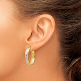 14k Yellow Gold and Rhodium Oval Hoop Earrings, Satin Edges, High Polish Center Stripe