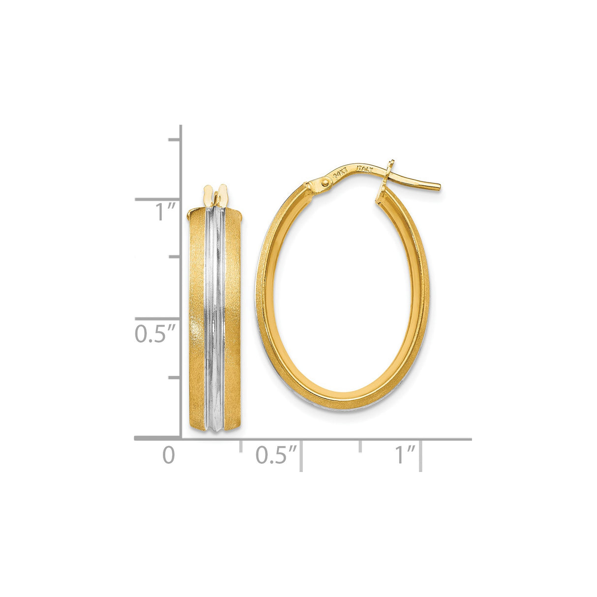 14k Yellow Gold and Rhodium Oval Hoop Earrings, Satin Edges, High Polish Center Stripe