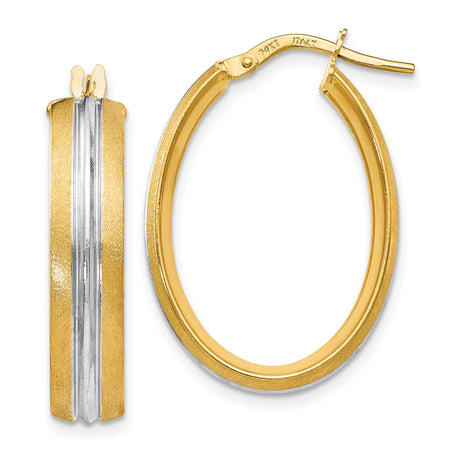 14k Yellow Gold and Rhodium Oval Hoop Earrings, Satin Edges, High Polish Center Stripe