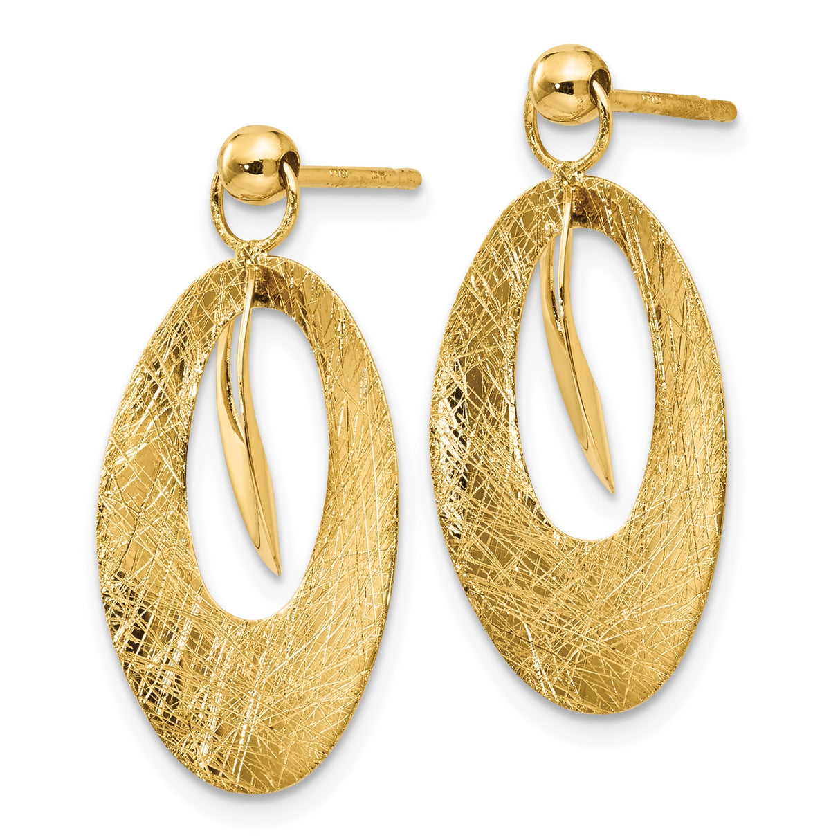 14k Yellow Gold Dangle Earrings with Textured Oval Disc and Polished Interlocking Centerpiece