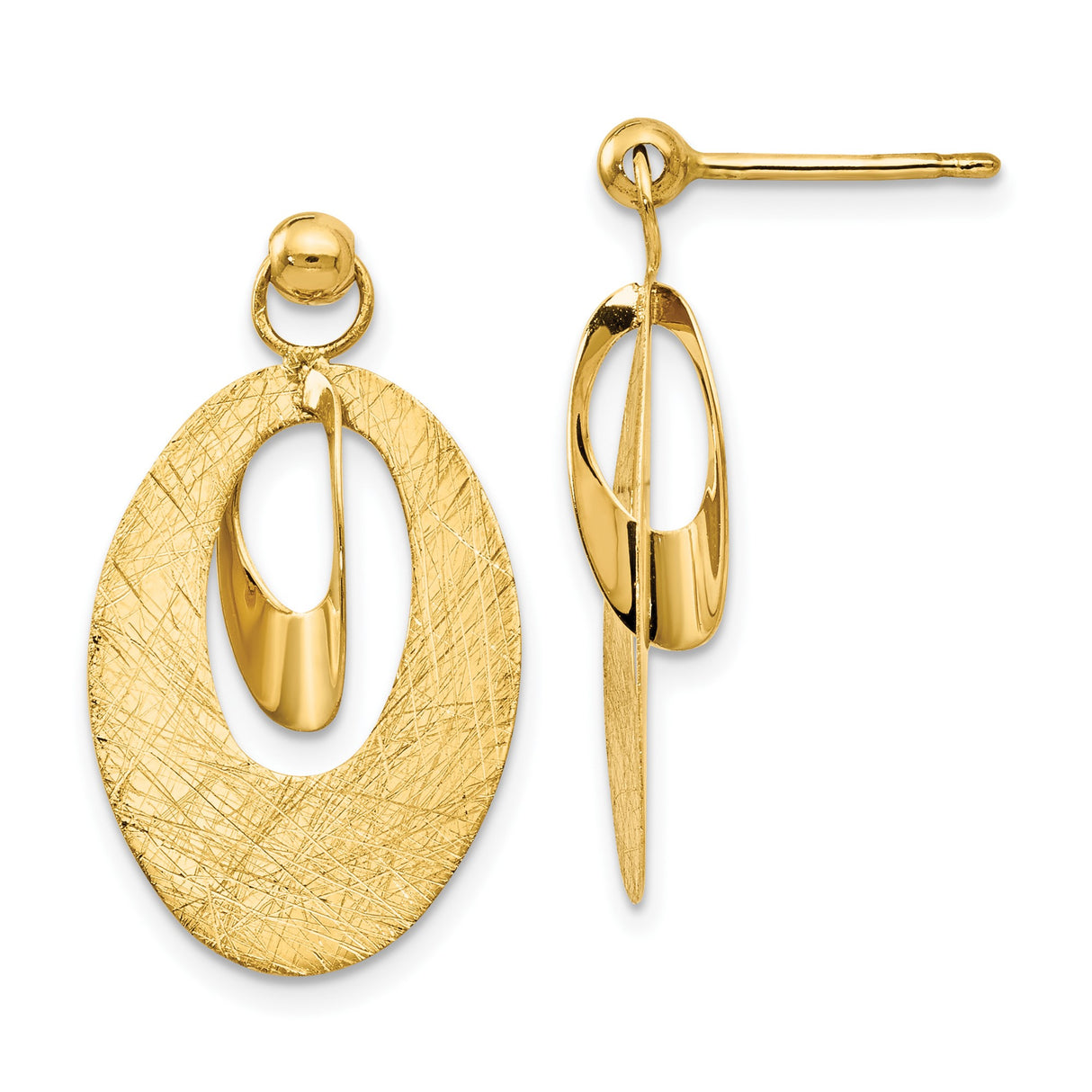14k Yellow Gold Dangle Earrings with Textured Oval Disc and Polished Interlocking Centerpiece