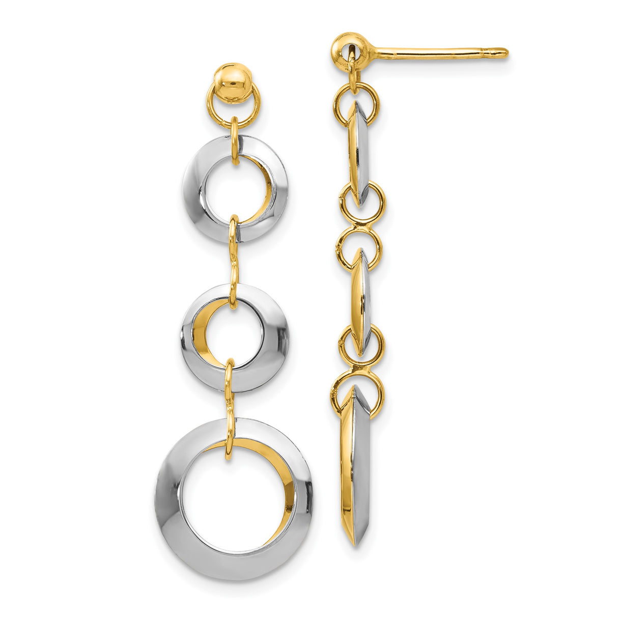 14k Yellow and White Gold Dangle Earrings with Interlocking Open Circle Links