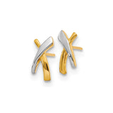 14k Yellow Gold X Shaped Stud Earrings, Two Tone Crisscross Design, Minimalist Jewelry for Women