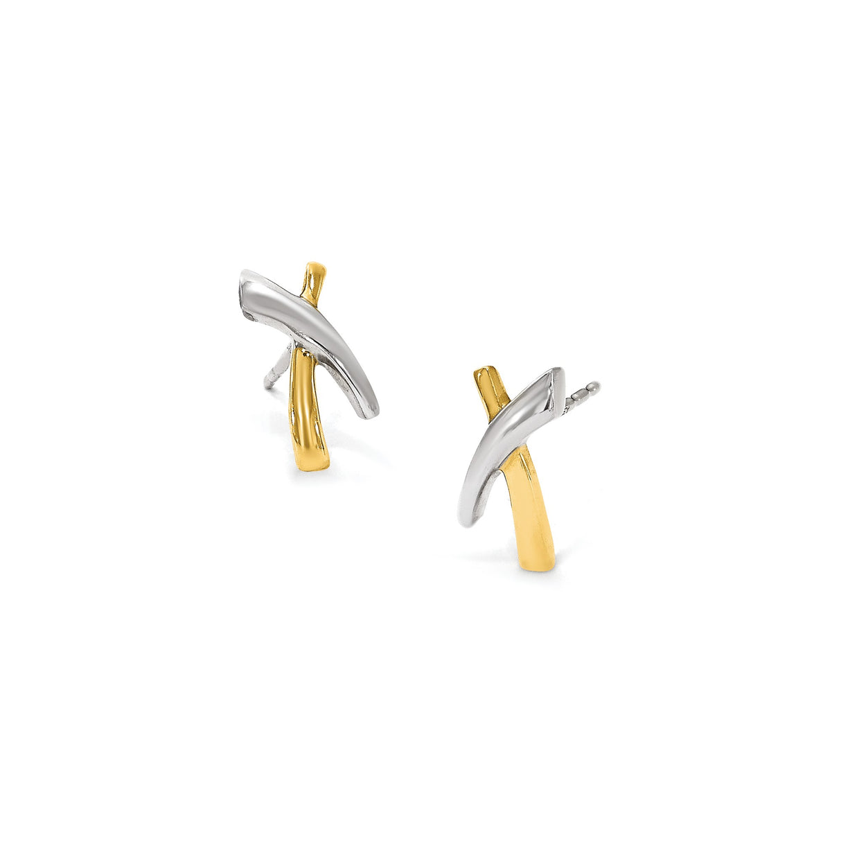 14k Yellow Gold X Shaped Stud Earrings, Two Tone Crisscross Design, Minimalist Jewelry for Women