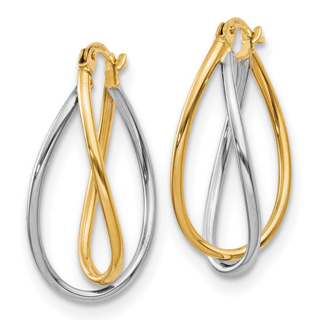 14k Yellow Gold Teardrop Hoop Earrings, Twisted Two-Tone Polished Design for Women