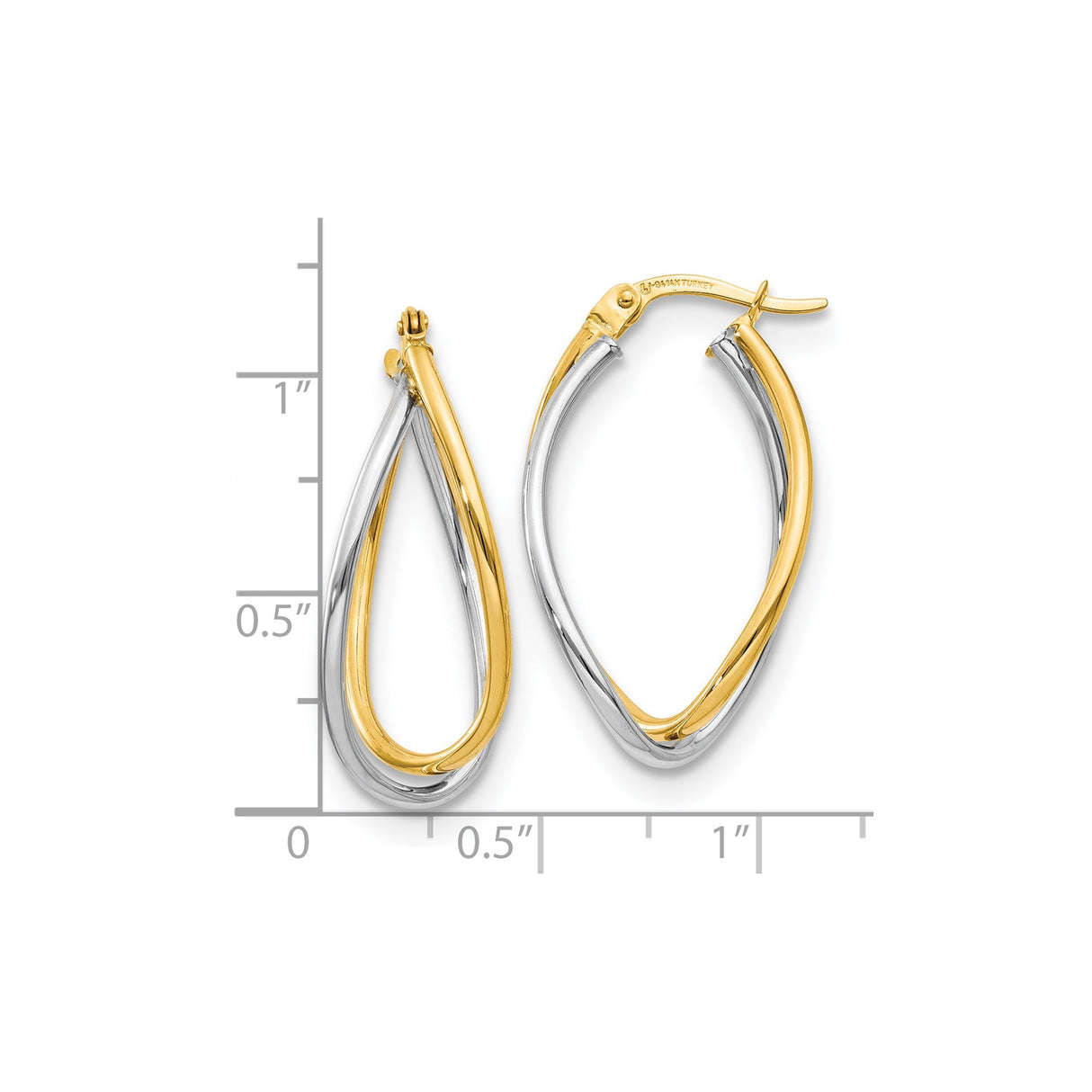 14k Yellow Gold Teardrop Hoop Earrings, Twisted Two-Tone Polished Design for Women