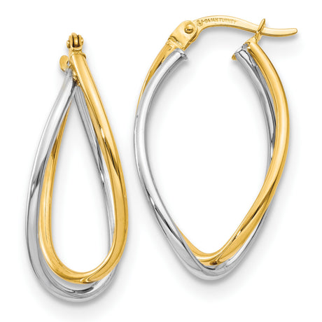 14k Yellow Gold Teardrop Hoop Earrings, Twisted Two-Tone Polished Design for Women
