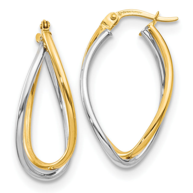 14k Yellow Gold Teardrop Hoop Earrings, Twisted Two-Tone Polished Design for Women