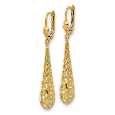 14k Yellow Gold Drop Earrings with Intricate Filigree Teardrop Design, Lightweight Dangle Style