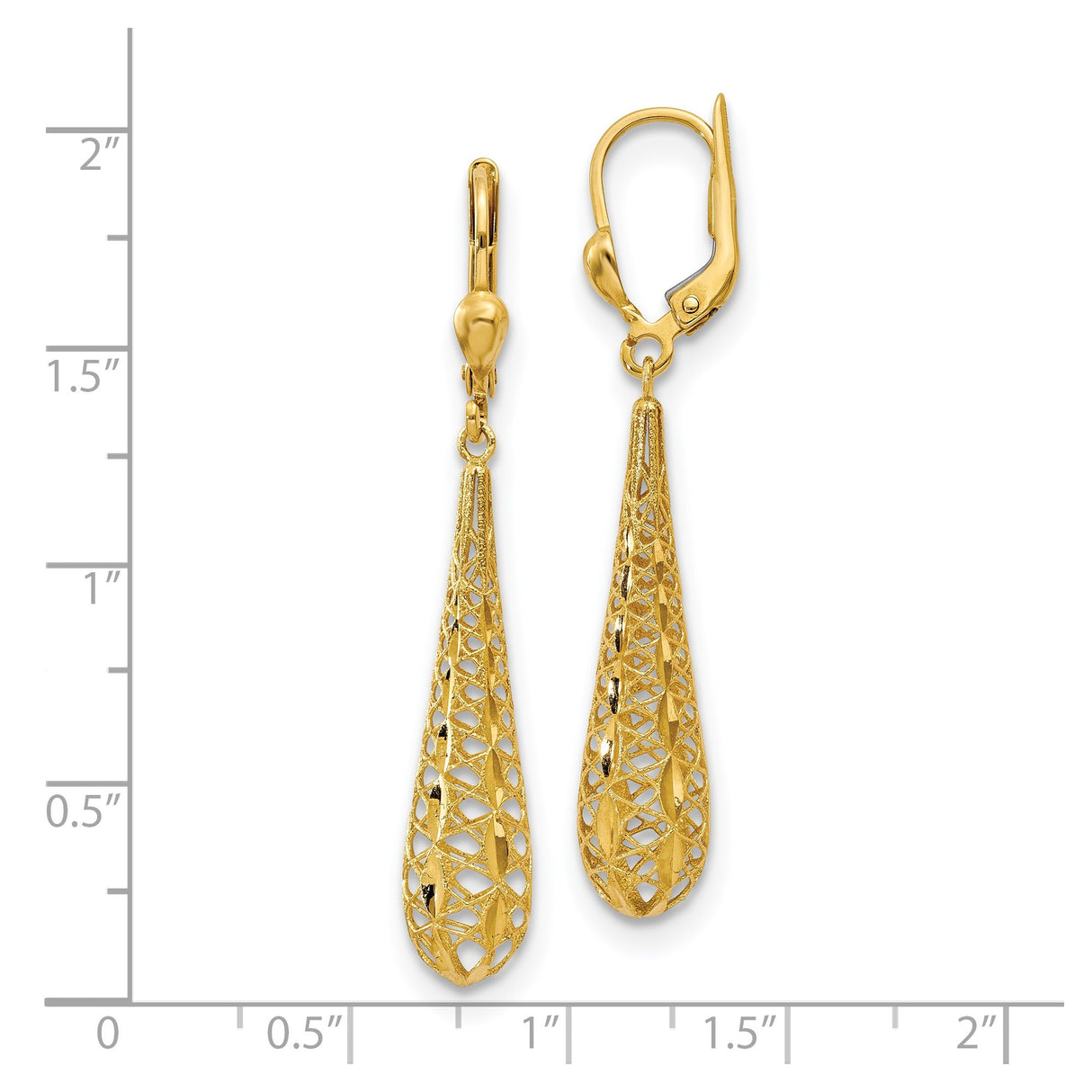 14k Yellow Gold Drop Earrings with Intricate Filigree Teardrop Design, Lightweight Dangle Style