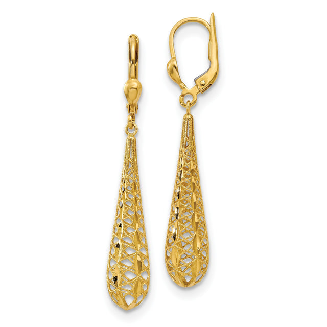 14k Yellow Gold Drop Earrings with Intricate Filigree Teardrop Design, Lightweight Dangle Style