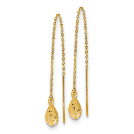 14k Yellow Gold Threader Earrings, Textured Teardrop with Diamond-Cut Finish, Minimalist Dangle Style