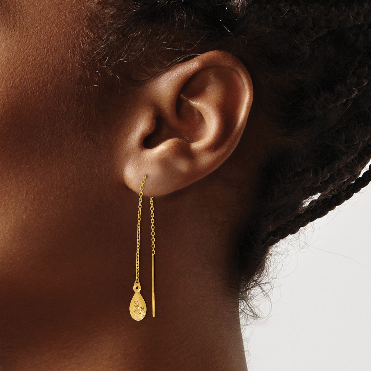 14k Yellow Gold Threader Earrings, Textured Teardrop with Diamond-Cut Finish, Minimalist Dangle Style