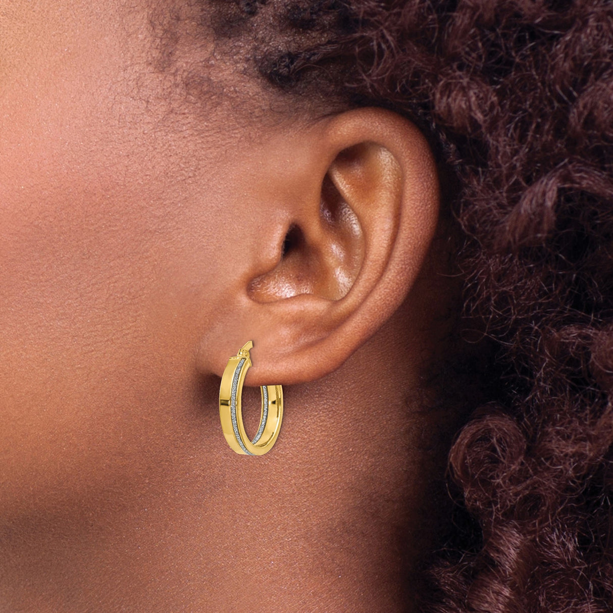 14k Yellow Gold Hoop Earrings with High Polish Finish and Textured Center Stripe