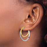 14k Yellow Gold Double Teardrop Hoop Earrings, Two-Tone Diamond Cut Design for Women