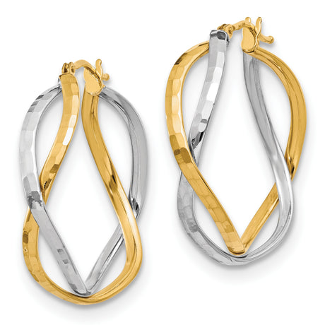 14k Yellow Gold Earrings, Twisted Hoop with Rhodium Hammered Infinity Design, Two Tone Style