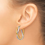 14k Yellow Gold Earrings, Twisted Hoop with Rhodium Hammered Infinity Design, Two Tone Style