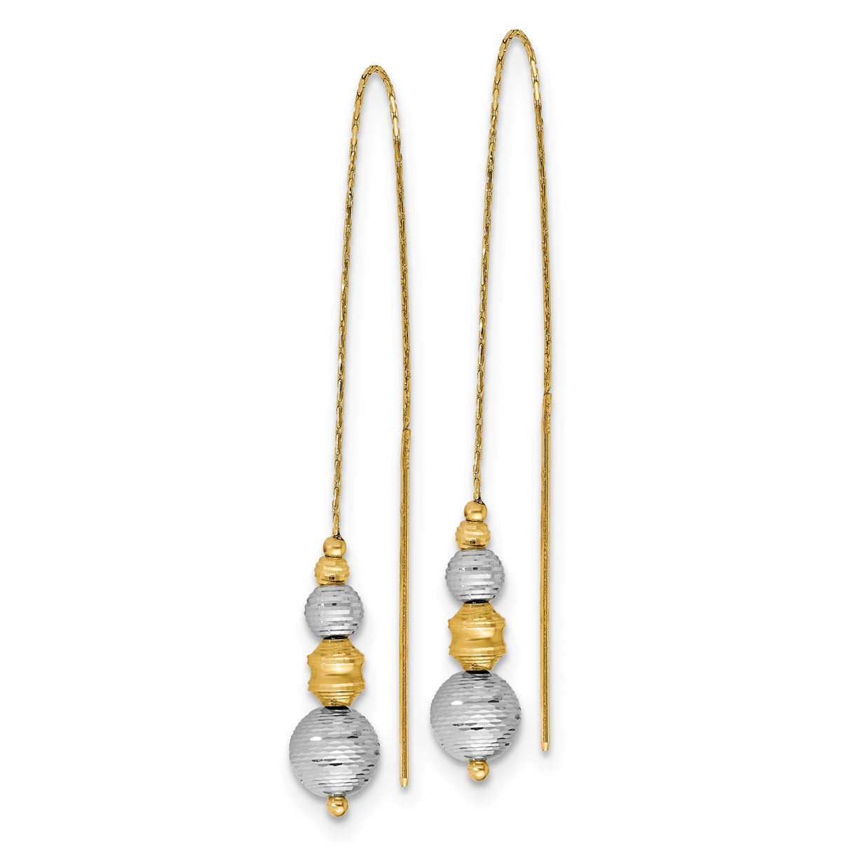 14k Yellow Gold Threader Earrings with Textured Two-Tone Beads, Minimalist Dangle Design