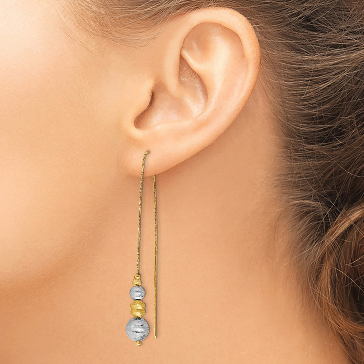 14k Yellow Gold Threader Earrings with Textured Two-Tone Beads, Minimalist Dangle Design