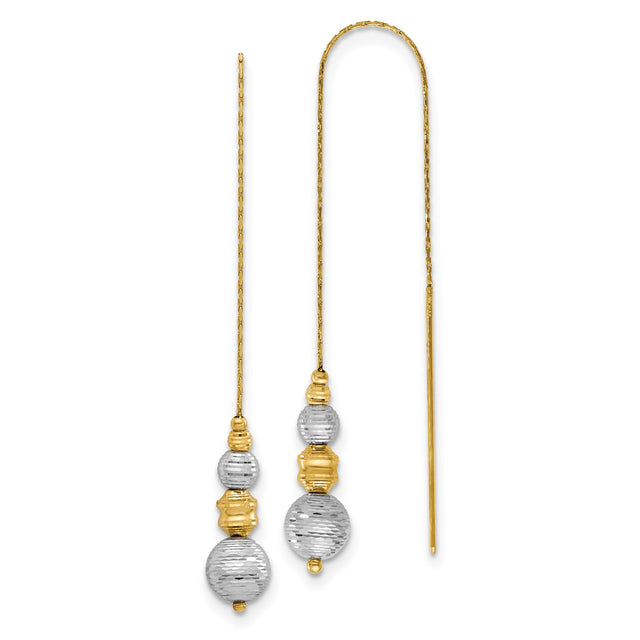 14k Yellow Gold Threader Earrings with Textured Two-Tone Beads, Minimalist Dangle Design