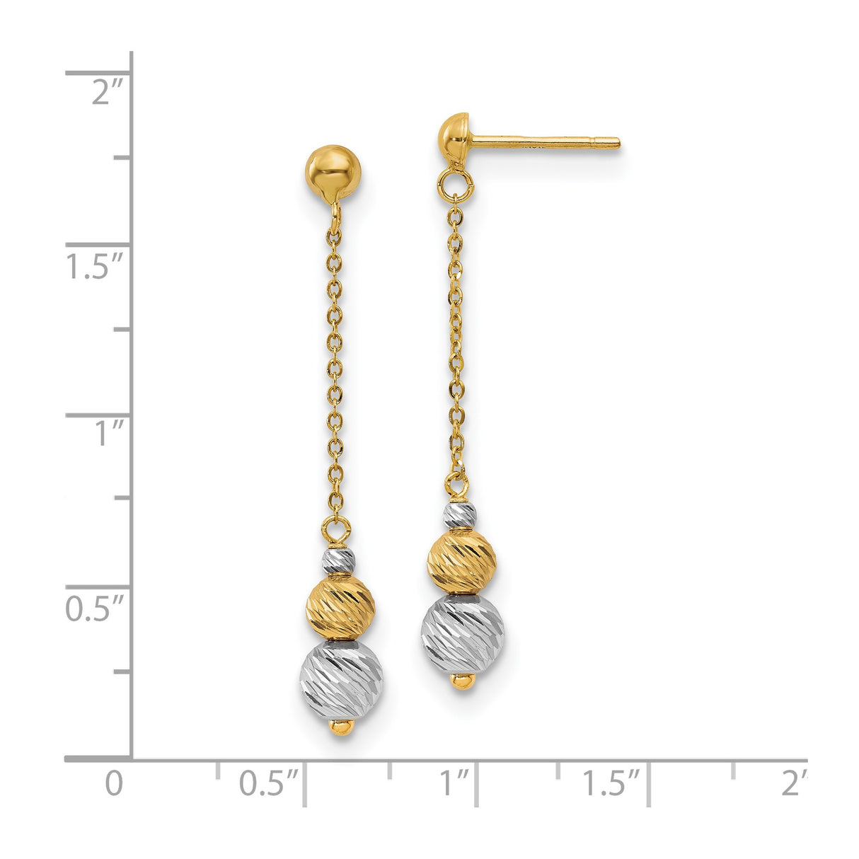 14k Yellow Gold Dangle Earrings with Textured Bead Drops and Two-Tone Long Chain Design
