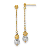 14k Yellow Gold Dangle Earrings with Textured Bead Drops and Two-Tone Long Chain Design