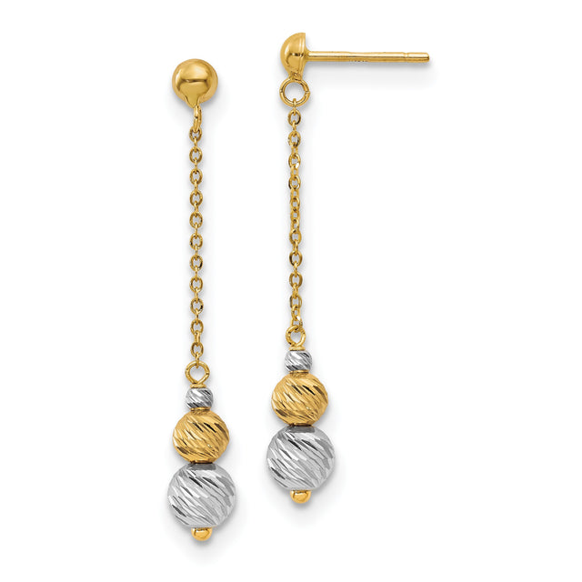 14k Yellow Gold Dangle Earrings with Textured Bead Drops and Two-Tone Long Chain Design