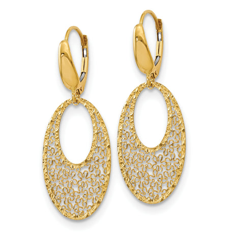 14k Yellow Gold Dangle Earrings with Open Oval Filigree, Hammered Texture, Floral Pattern