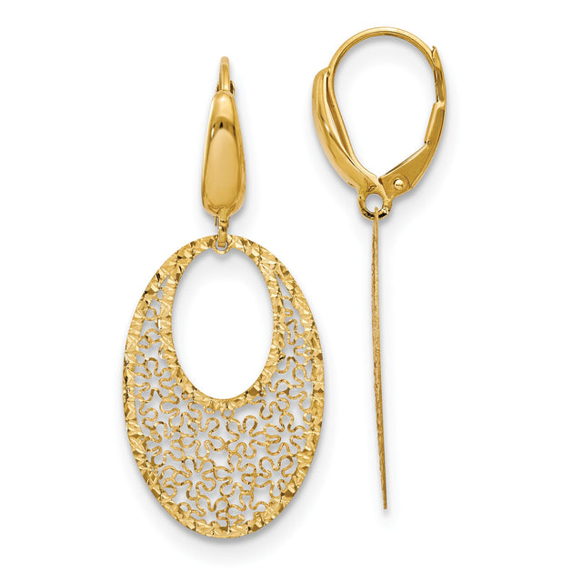 14k Yellow Gold Dangle Earrings with Open Oval Filigree, Hammered Texture, Floral Pattern