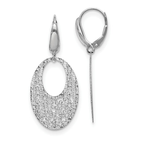 14k White Gold Dangle Earrings with Open Oval Shape and Floral Filigree Design