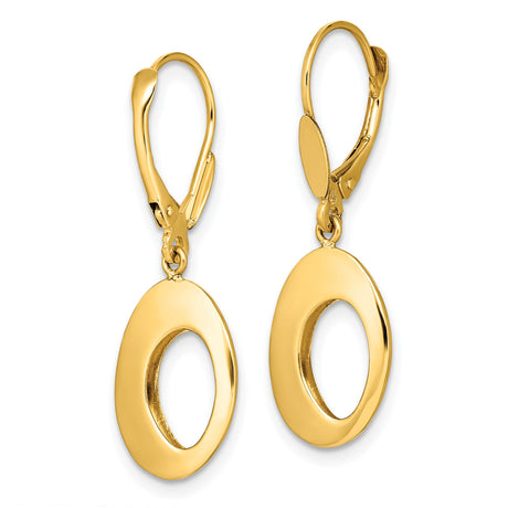 14k Yellow Gold Dangle Earrings with Leverback Closures, Open Oval Minimalist Design