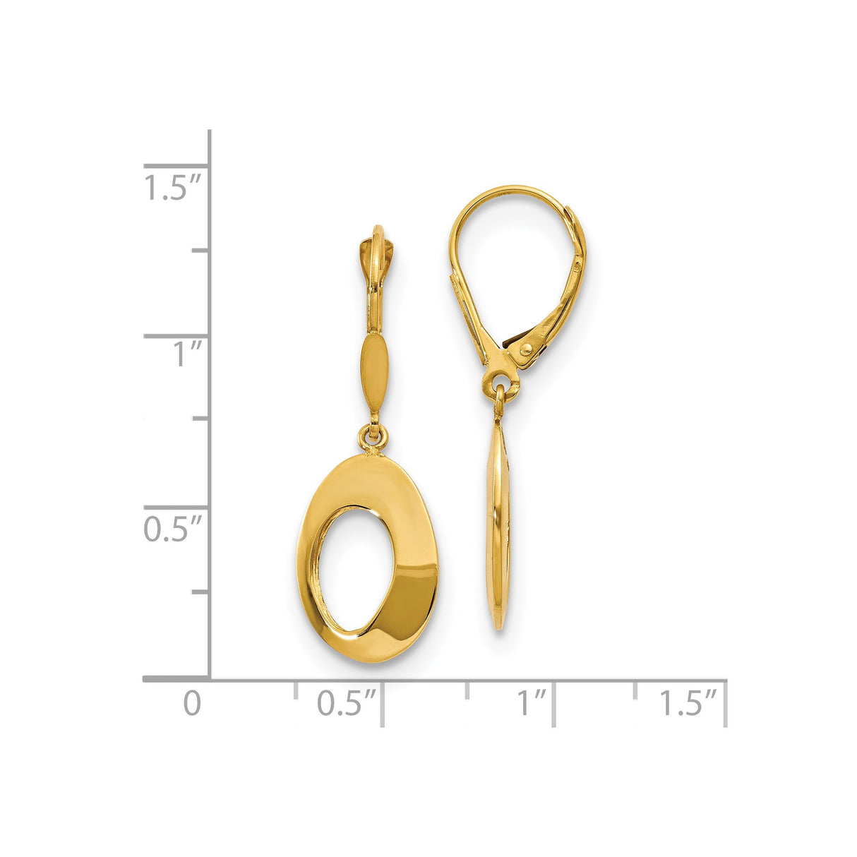 14k Yellow Gold Dangle Earrings with Leverback Closures, Open Oval Minimalist Design