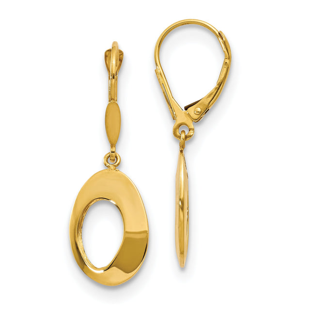 14k Yellow Gold Dangle Earrings with Leverback Closures, Open Oval Minimalist Design