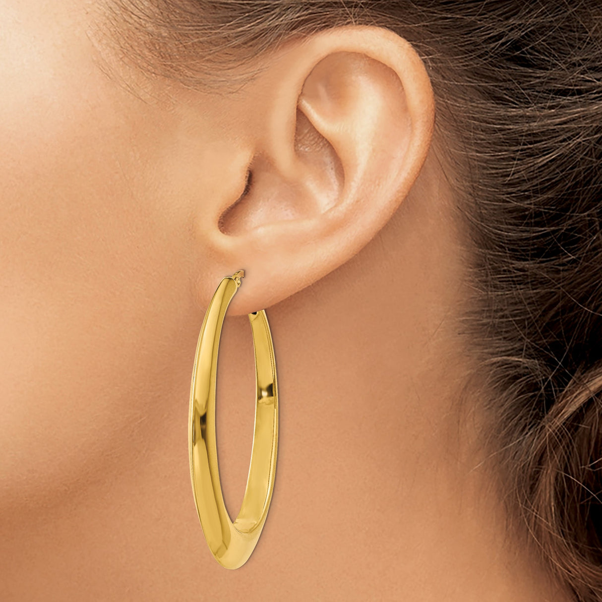14k Yellow Gold Oval Hoop Earrings, High-Polish Elongated Minimalist Design for Women