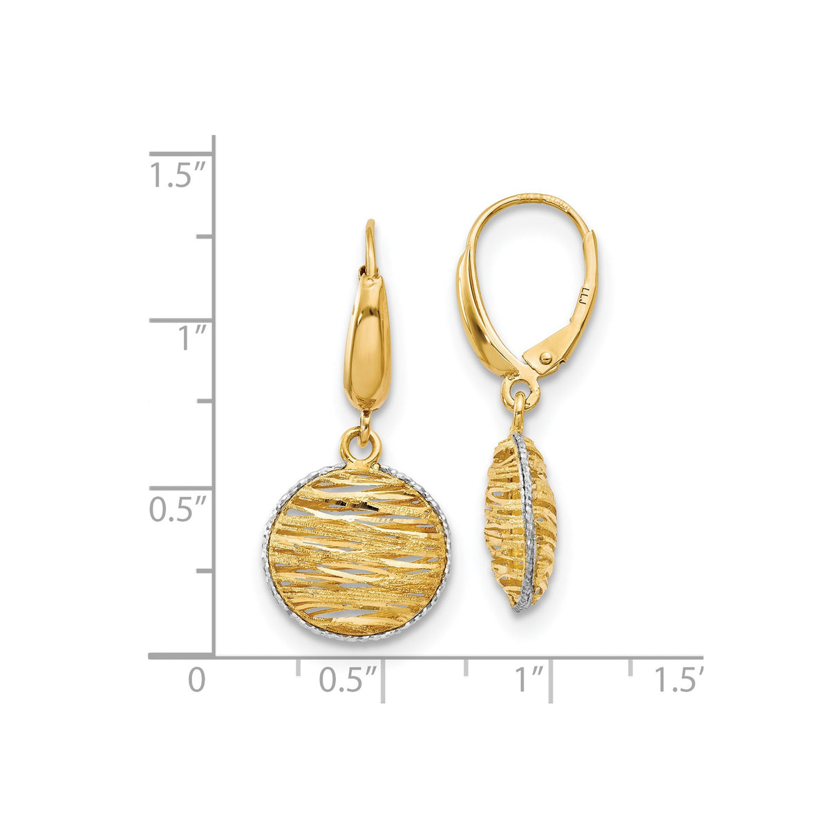 14k Two-Tone Gold Dangle Earrings with Textured Openwork Disc and Abstract Wave Design