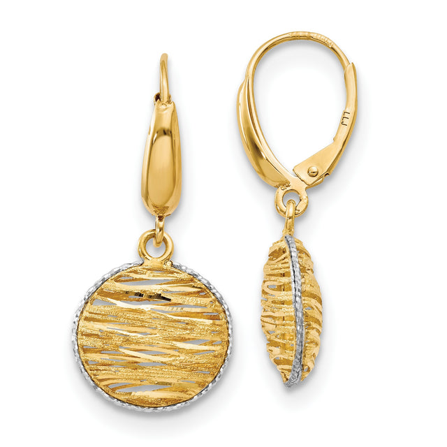 14k Two-Tone Gold Dangle Earrings with Textured Openwork Disc and Abstract Wave Design