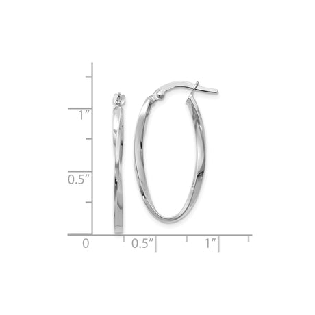 14k White Gold Twisted Oval Hoop Earrings, Polished Lightweight Modern Style for Women