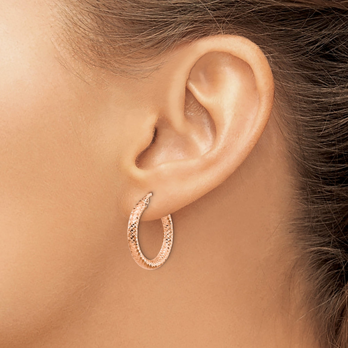 14k Rose Gold Hoop Earrings, Textured Round Diamond Cut Design, Made in Italy