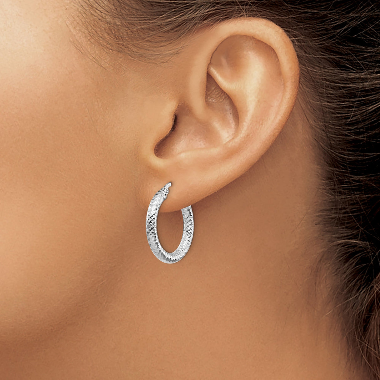 14k Yellow Gold Hoop Earrings with Rhodium Finish and Diamond-Cut Texture for Women