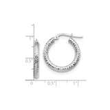 14k Yellow Gold Hoop Earrings with Rhodium Finish and Diamond-Cut Texture for Women