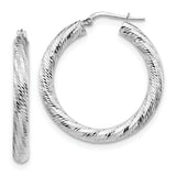 14k White Gold Hoop Earrings, Large Round Bold Design with Diamond Cut Texture, Lightweight Jewelry for Women
