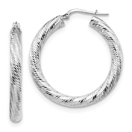 14k White Gold Hoop Earrings, Large Round Bold Design with Diamond Cut Texture, Lightweight Jewelry for Women